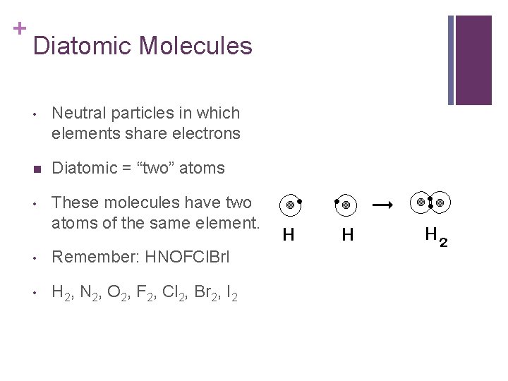 + Diatomic Molecules • Neutral particles in which elements share electrons n Diatomic = + Diatomic Molecules • Neutral particles in which elements share electrons n Diatomic =