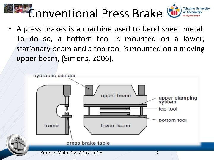 Conventional Press Brake • A press brakes is a machine used to bend sheet