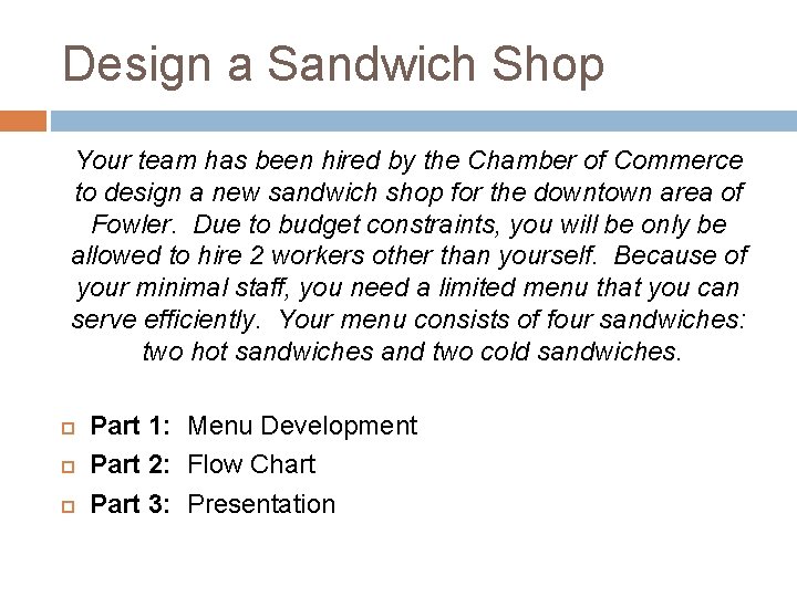Design a Sandwich Shop Your team has been hired by the Chamber of Commerce