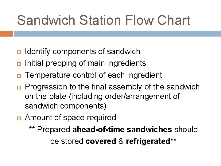 Sandwich Station Flow Chart Identify components of sandwich Initial prepping of main ingredients Temperature
