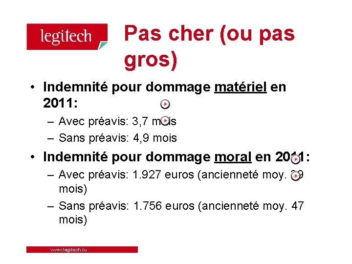 Pas cher (ou pas gros) • Indemnité pour dommage matériel en 2011: – Avec