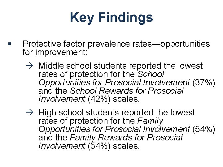 Key Findings § Protective factor prevalence rates—opportunities for improvement: à Middle school students reported