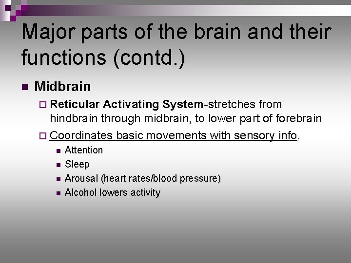 Major parts of the brain and their functions (contd. ) n Midbrain ¨ Reticular