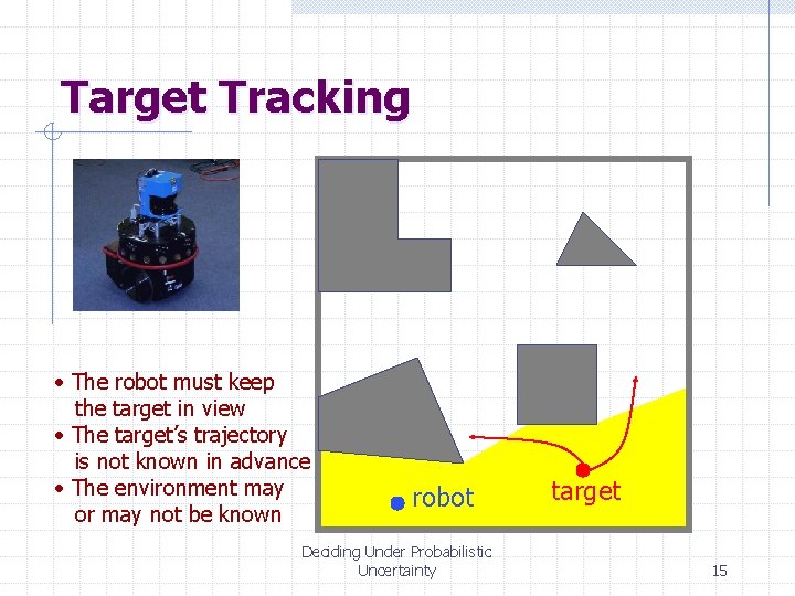 Target Tracking • The robot must keep the target in view • The target’s
