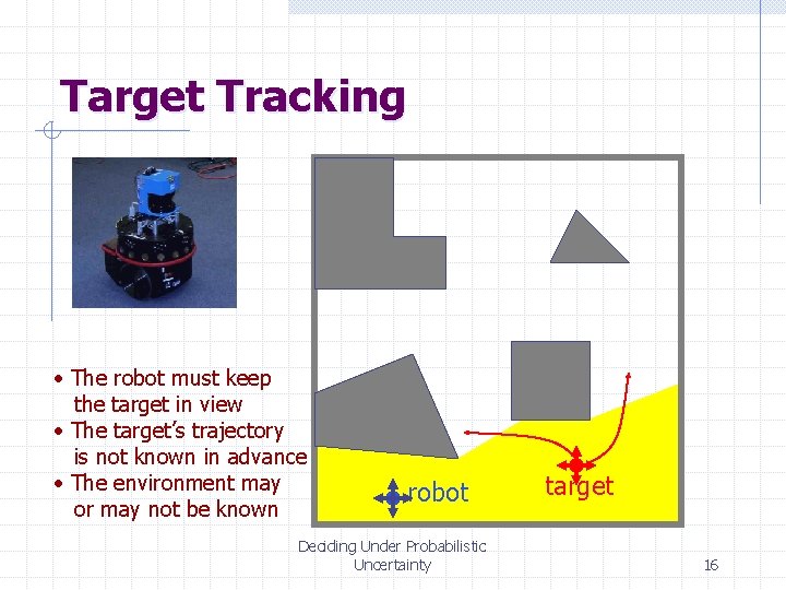 Target Tracking • The robot must keep the target in view • The target’s