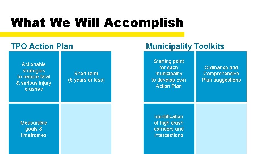What We Will Accomplish TPO Action Plan Actionable strategies to reduce fatal & serious