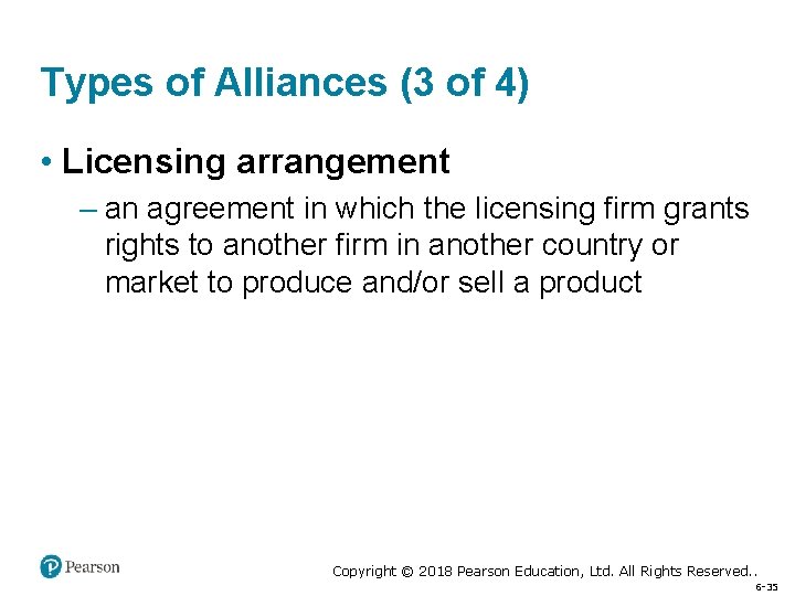 Types of Alliances (3 of 4) • Licensing arrangement – an agreement in which
