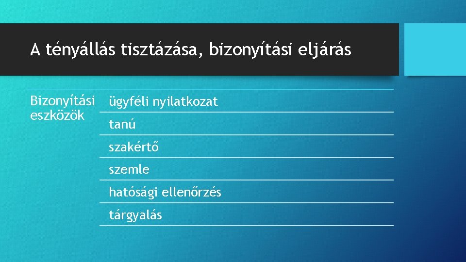 A tényállás tisztázása, bizonyítási eljárás Bizonyítási eszközök ügyféli nyilatkozat tanú szakértő szemle hatósági ellenőrzés A tényállás tisztázása, bizonyítási eljárás Bizonyítási eszközök ügyféli nyilatkozat tanú szakértő szemle hatósági ellenőrzés