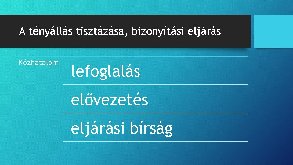 A tényállás tisztázása, bizonyítási eljárás Közhatalom lefoglalás elővezetés eljárási bírság 