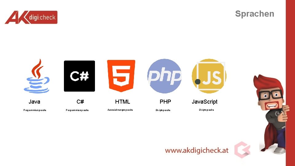 Sprachen Java Programmiersprache C# Programmiersprache HTML Auszeichnungssprache PHP Skriptsprache Java. Script Skriptsprache 