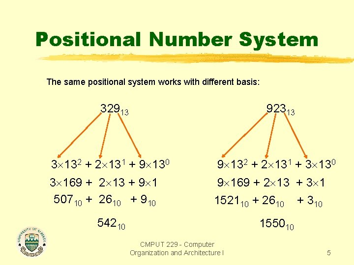 Positional Number System The same positional system works with different basis: 32913 92313 3