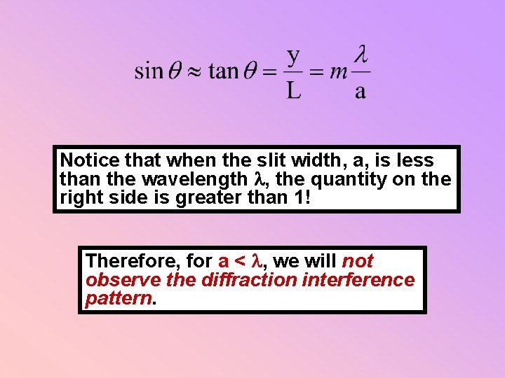 Notice that when the slit width, a, is less than the wavelength l, the