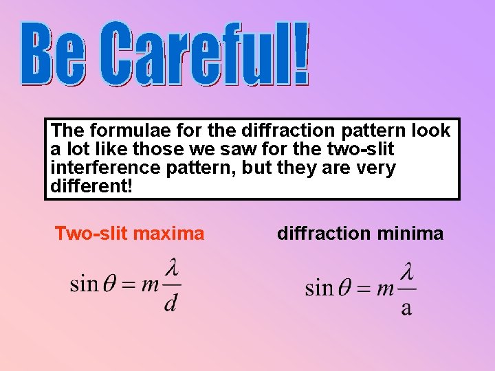 The formulae for the diffraction pattern look a lot like those we saw for