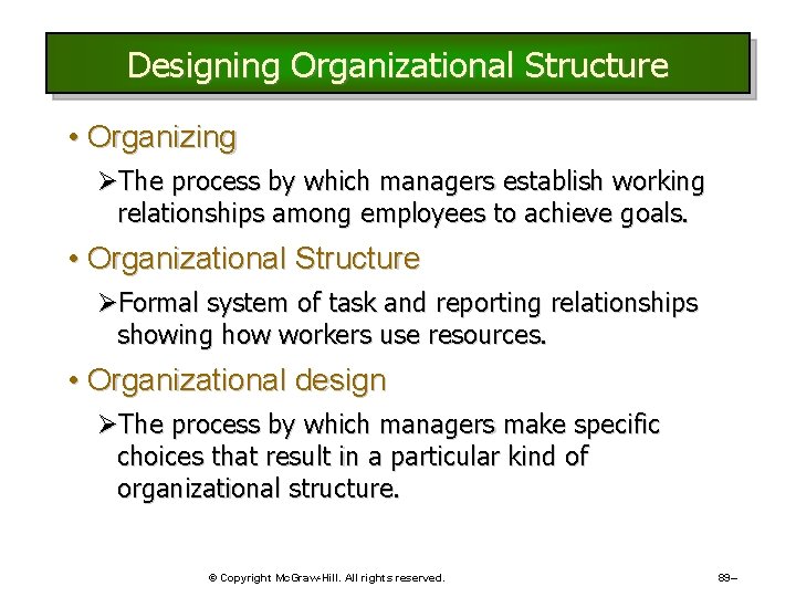 Designing Organizational Structure • Organizing ØThe process by which managers establish working relationships among Designing Organizational Structure • Organizing ØThe process by which managers establish working relationships among