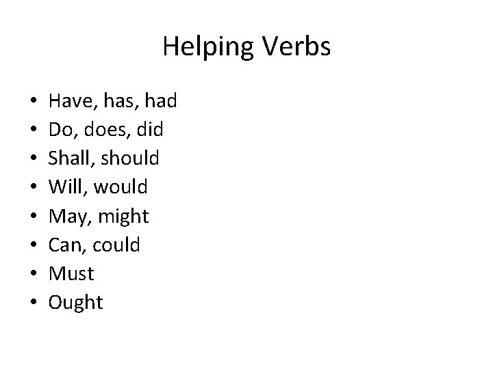 Helping Verbs • • Have, has, had Do, does, did Shall, should Will, would