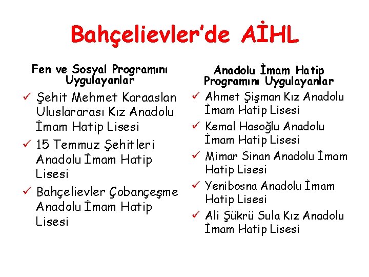 Bahçelievler’de AİHL Fen ve Sosyal Programını Uygulayanlar ü Şehit Mehmet Karaaslan Uluslararası Kız Anadolu