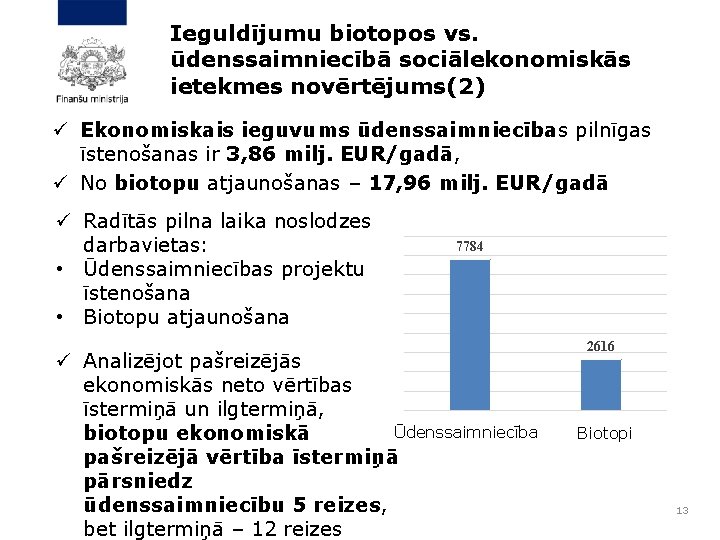 Ieguldījumu biotopos vs. ūdenssaimniecībā sociālekonomiskās ietekmes novērtējums(2) Ekonomiskais ieguvums ūdenssaimniecības pilnīgas īstenošanas ir 3,