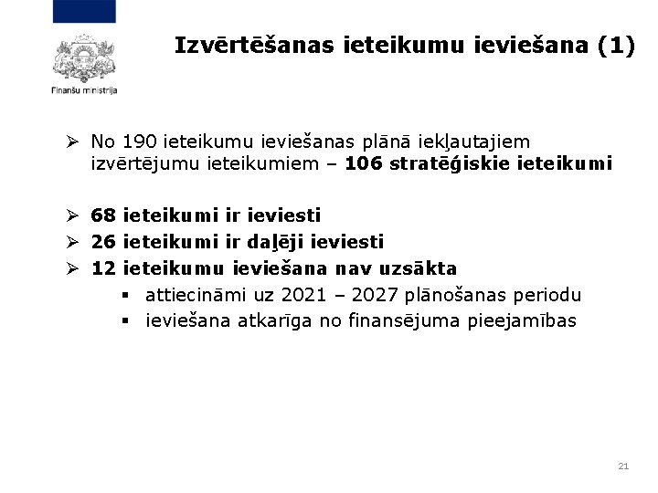 Izvērtēšanas ieteikumu ieviešana (1) Ø No 190 ieteikumu ieviešanas plānā iekļautajiem izvērtējumu ieteikumiem –