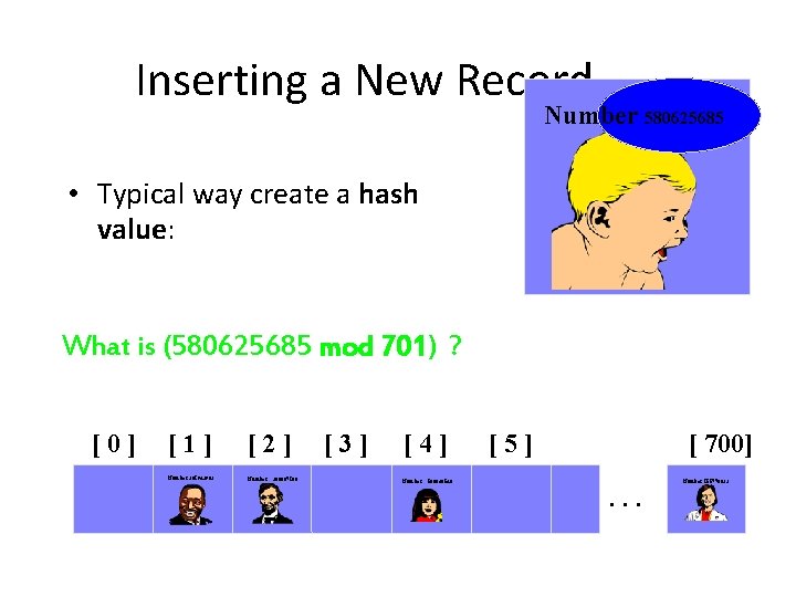 Inserting a New Record Number 580625685 • Typical way create a hash value: (Number