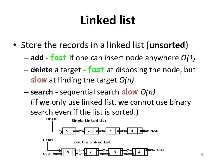 Linked list • Store the records in a linked list (unsorted) – add -