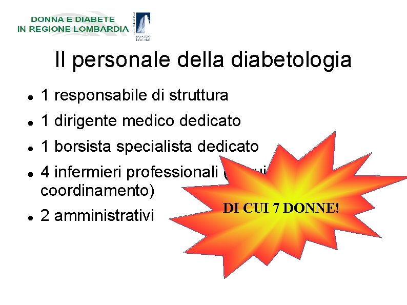 Il personale della diabetologia 1 responsabile di struttura 1 dirigente medico dedicato 1 borsista