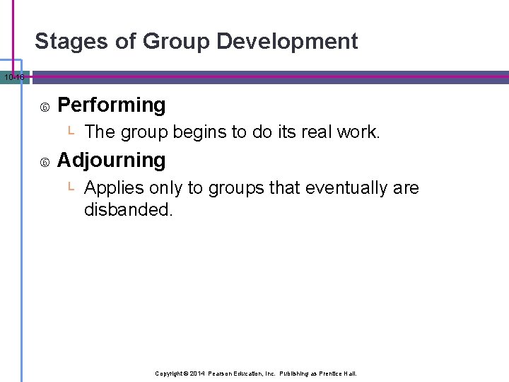 Stages of Group Development 10 -16 Performing └ The group begins to do its