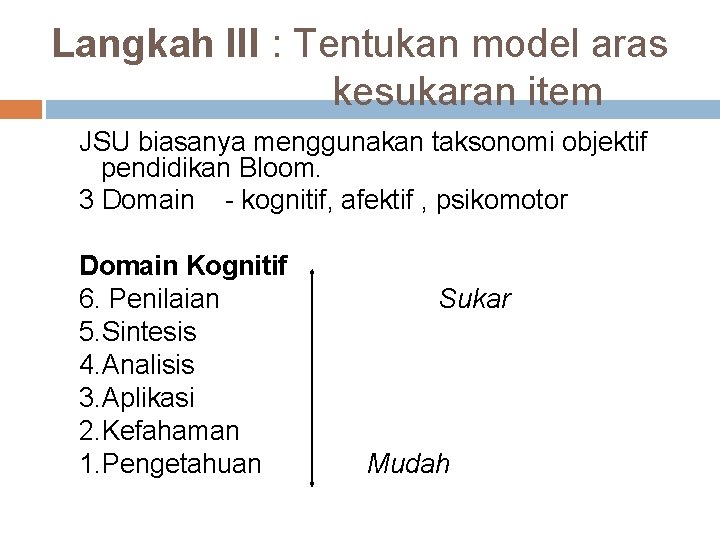 Langkah III : Tentukan model aras kesukaran item JSU biasanya menggunakan taksonomi objektif pendidikan