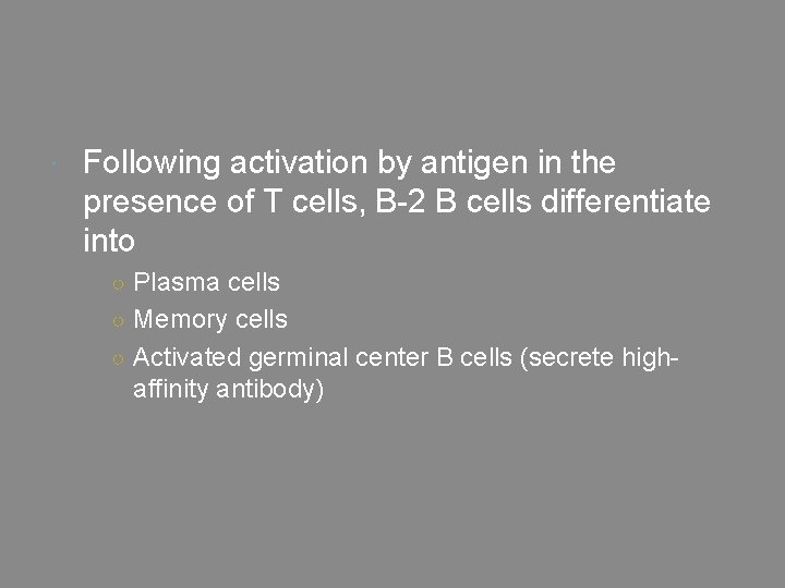  Following activation by antigen in the presence of T cells, B-2 B cells