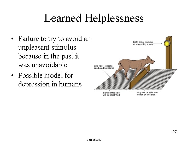 Learned Helplessness • Failure to try to avoid an unpleasant stimulus because in the