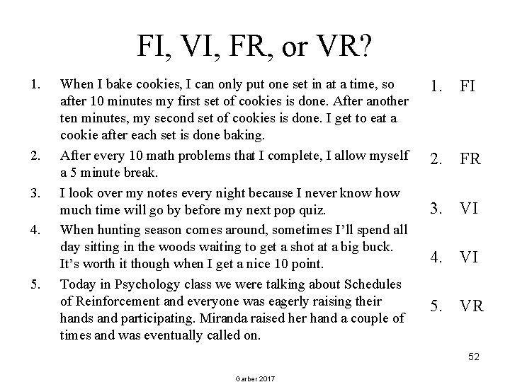 FI, VI, FR, or VR? 1. 2. 3. 4. 5. When I bake cookies,