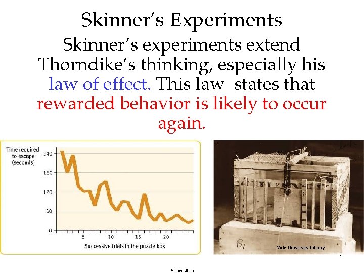 Skinner’s Experiments Skinner’s experiments extend Thorndike’s thinking, especially his law of effect. This law