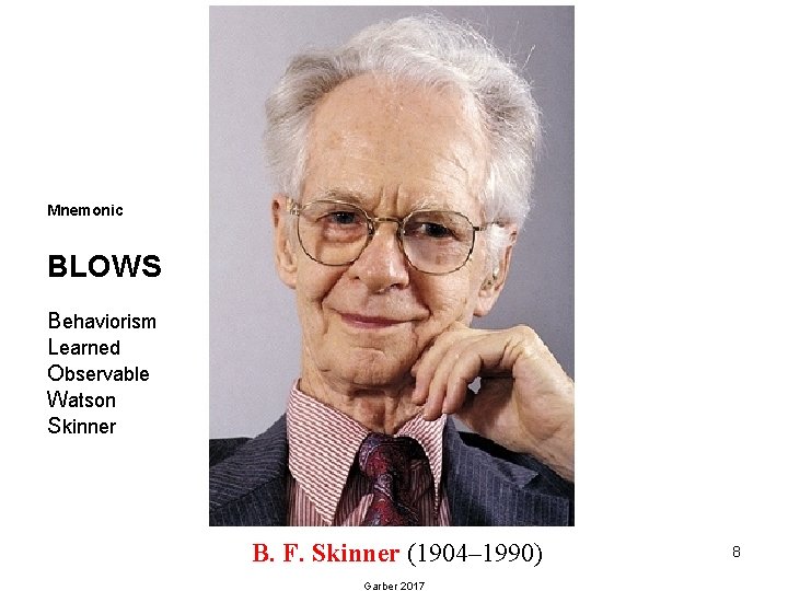 Mnemonic BLOWS Behaviorism Learned Observable Watson Skinner B. F. Skinner (1904– 1990) Garber 2017