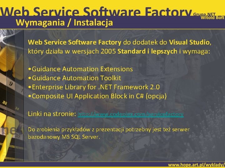 Wymagania / Instalacja Web Service Software Factory do dodatek do Visual Studio, który działa