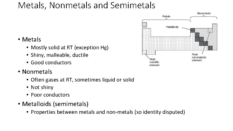 Metals, Nonmetals and Semimetals • Mostly solid at RT (exception Hg) • Shiny, malleable,