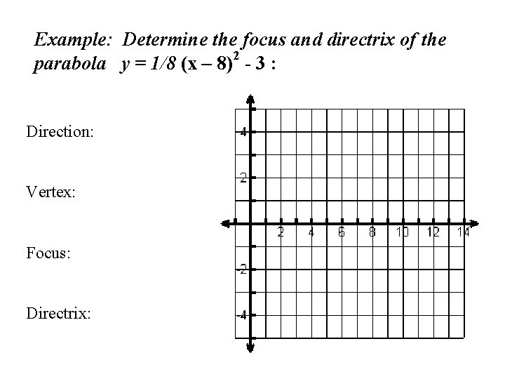Example: Determine the focus and directrix of the 2 parabola y = 1/8 (x