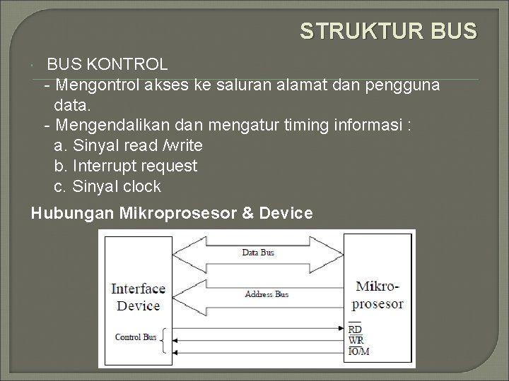 STRUKTUR BUS KONTROL - Mengontrol akses ke saluran alamat dan pengguna data. - Mengendalikan