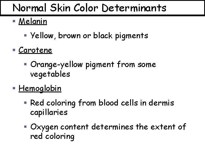 Normal Skin Color Determinants § Melanin § Yellow, brown or black pigments § Carotene