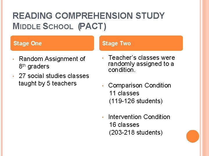 READING COMPREHENSION STUDY MIDDLE SCHOOL (PACT) Stage One • • Random Assignment of 8