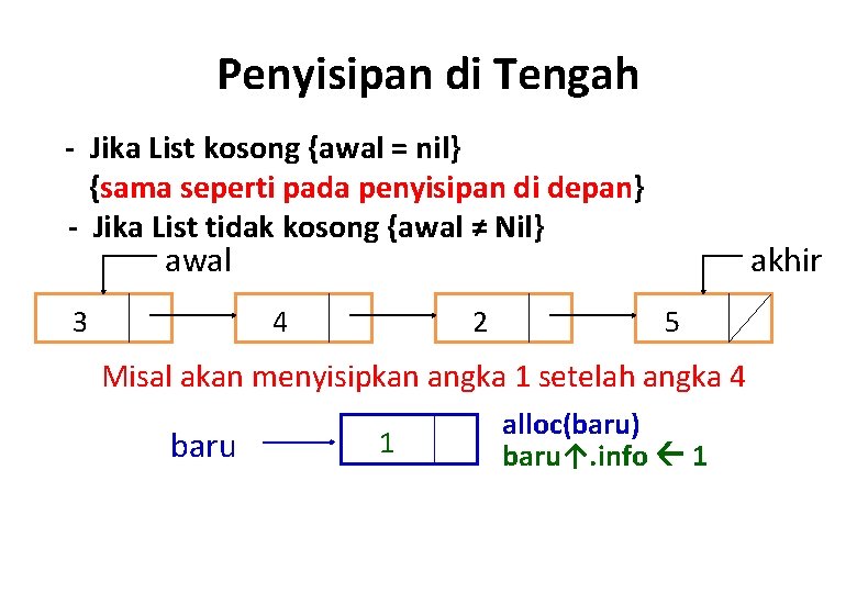 Penyisipan di Tengah - Jika List kosong {awal = nil} {sama seperti pada penyisipan