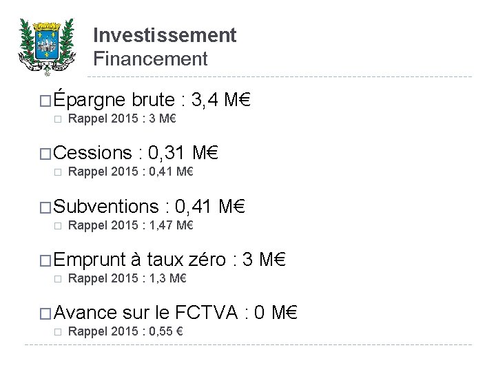 Investissement Financement �Épargne � brute : 3, 4 M€ Rappel 2015 : 3 M€