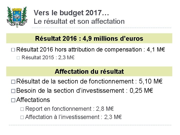 Vers le budget 2017… Le résultat et son affectation Résultat 2016 : 4, 9