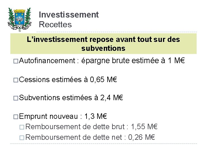 Investissement Recettes L’investissement repose avant tout sur des subventions � Autofinancement � Cessions estimées