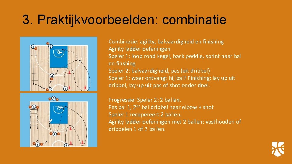 3. Praktijkvoorbeelden: combinatie Combinatie: agility, balvaardigheid en finishing Agility ladder oefeningen Speler 1: loop