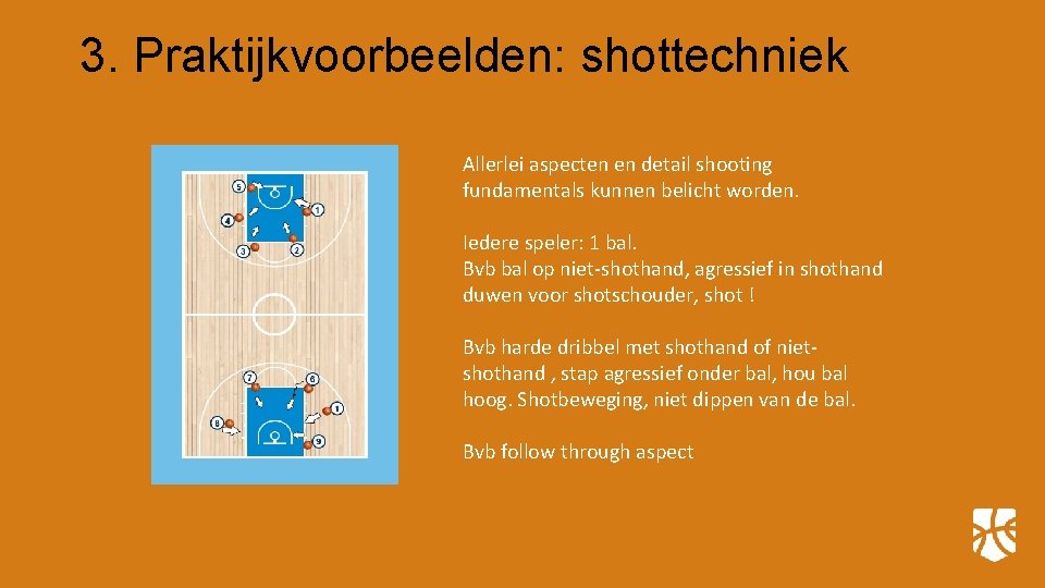 3. Praktijkvoorbeelden: shottechniek Allerlei aspecten en detail shooting fundamentals kunnen belicht worden. Iedere speler: