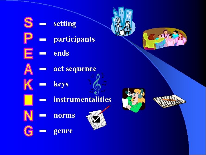 setting participants ends act sequence keys instrumentalities norms genre 