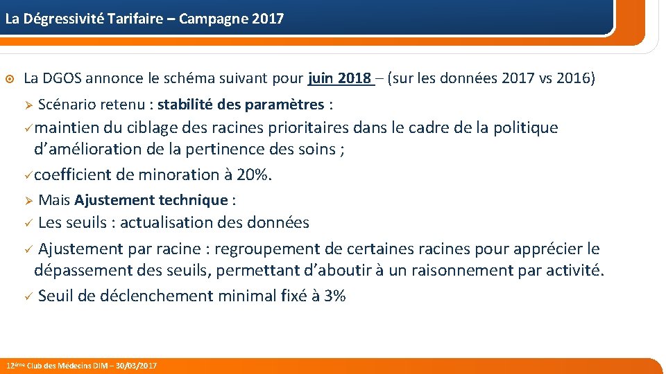 La Dégressivité Tarifaire – Campagne 2017 La DGOS annonce le schéma suivant pour juin