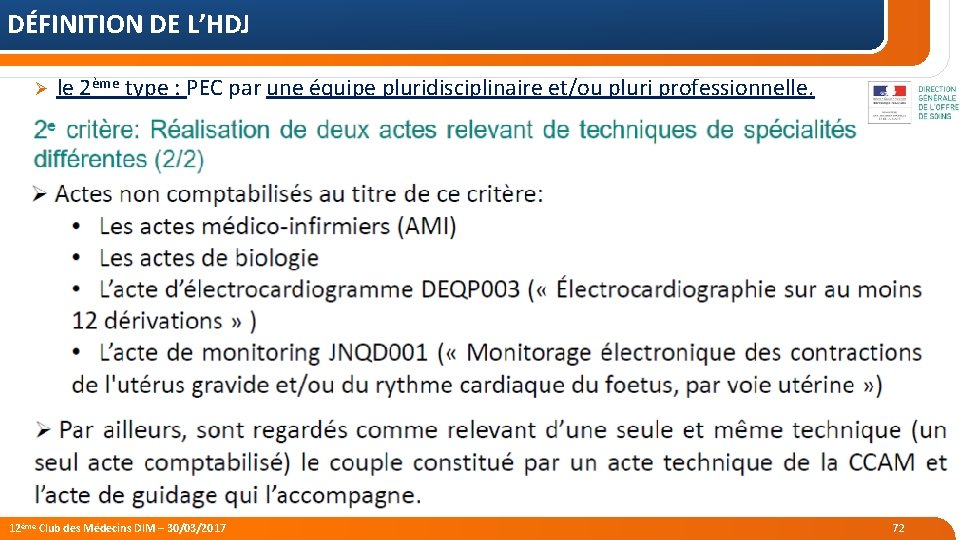 DÉFINITION DE L’HDJ Ø le 2ème type : PEC par une équipe pluridisciplinaire et/ou