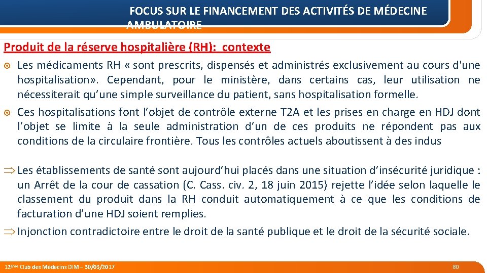 FOCUS SUR LE FINANCEMENT DES ACTIVITÉS DE MÉDECINE AMBULATOIRE Produit de la réserve hospitalière