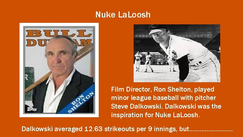 Nuke La. Loosh Film Director, Ron Shelton, played minor league baseball with pitcher Steve