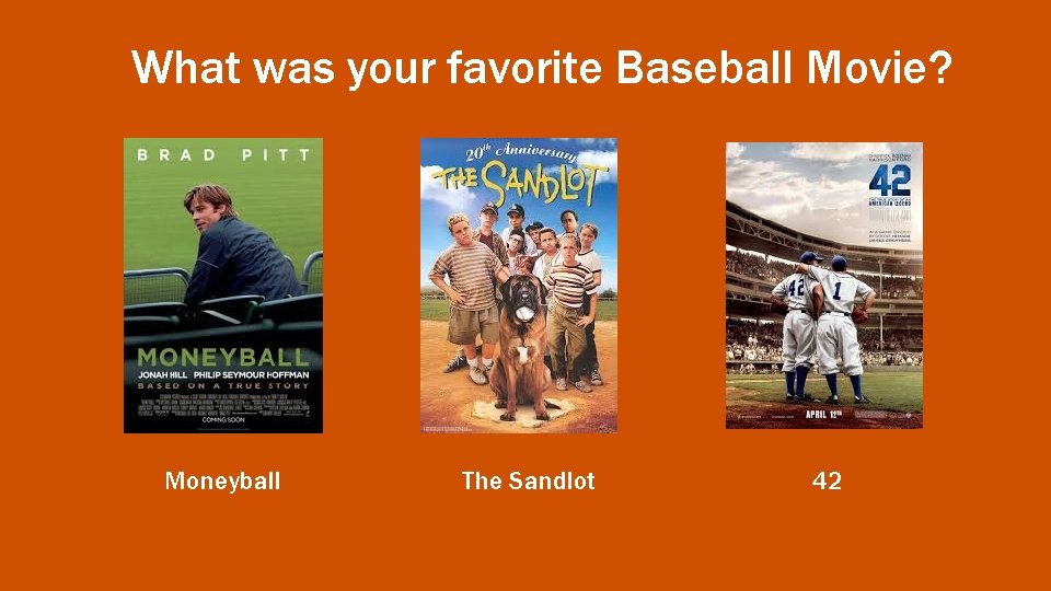 What was your favorite Baseball Movie? Moneyball The Sandlot 42 